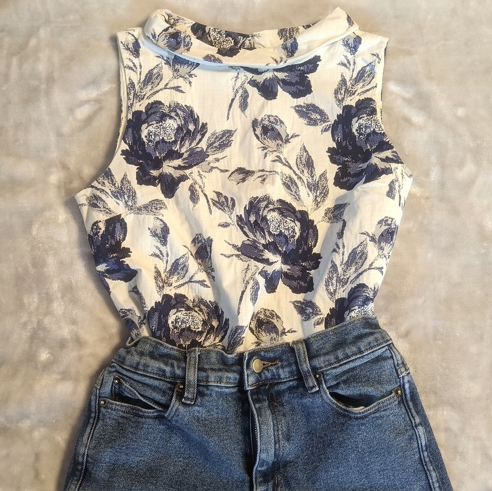 New York & Company White and Blue Floral Top